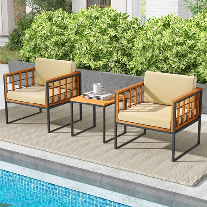 3 Pieces Patio Chair Set Acacia Wood Outdoor Sofa Set with Soft Cushions-Beige