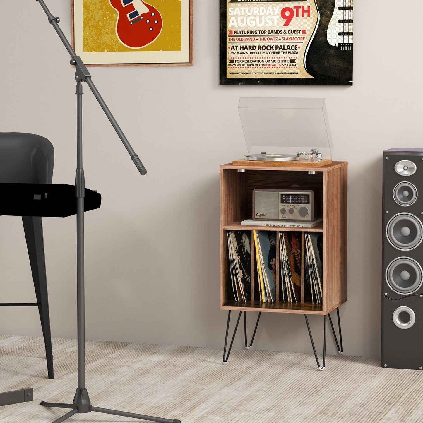 Record Player Stand with Charging Station for Living Room Bedroom-Black