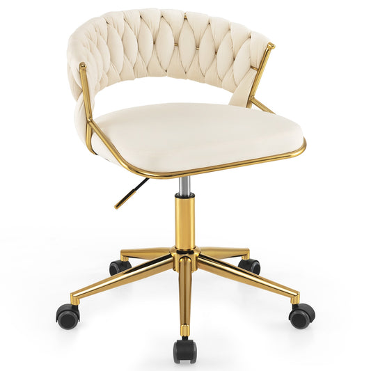360° Height Adjustable Swivel Upholstered Desk Computer Chair with Hand-woven Back-Beige