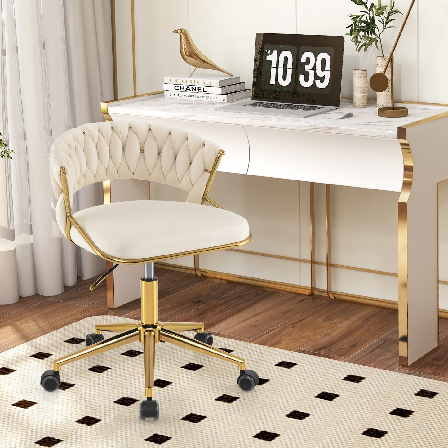 360° Height Adjustable Swivel Upholstered Desk Computer Chair with Hand-woven Back-Beige
