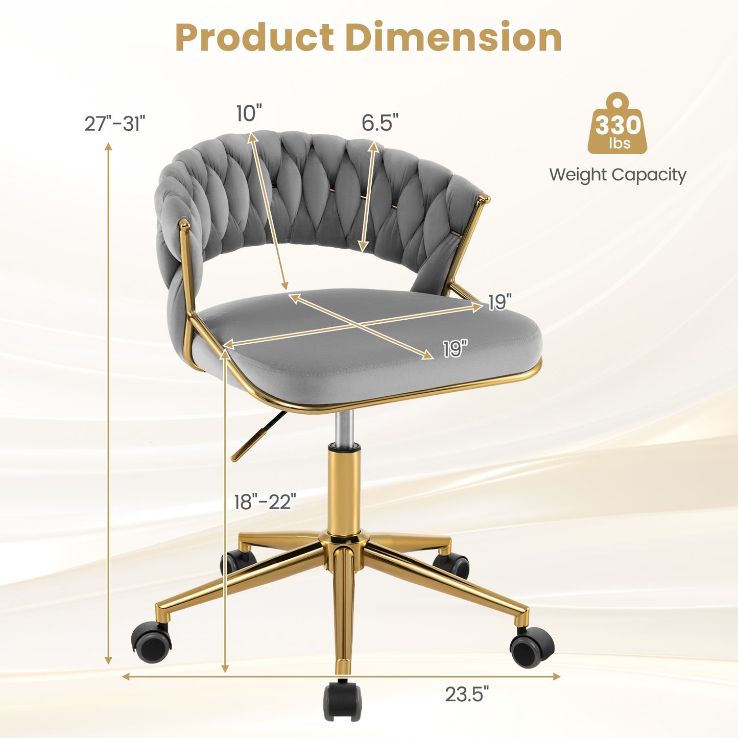 360° Height Adjustable Swivel Upholstered Desk Computer Chair with Hand-woven Back-Gray
