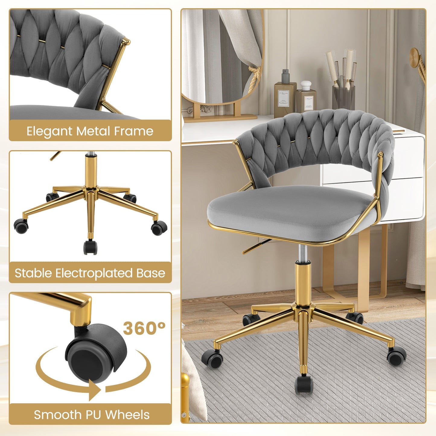 360° Height Adjustable Swivel Upholstered Desk Computer Chair with Hand-woven Back-Gray