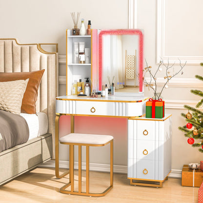 Vanity Table Set with RGB LED Lights and Wireless Charging Station-Black