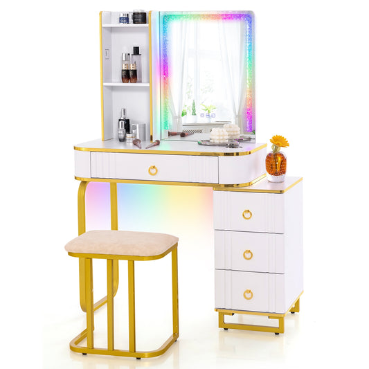 Vanity Table Set with RGB LED Lights and Wireless Charging Station-White