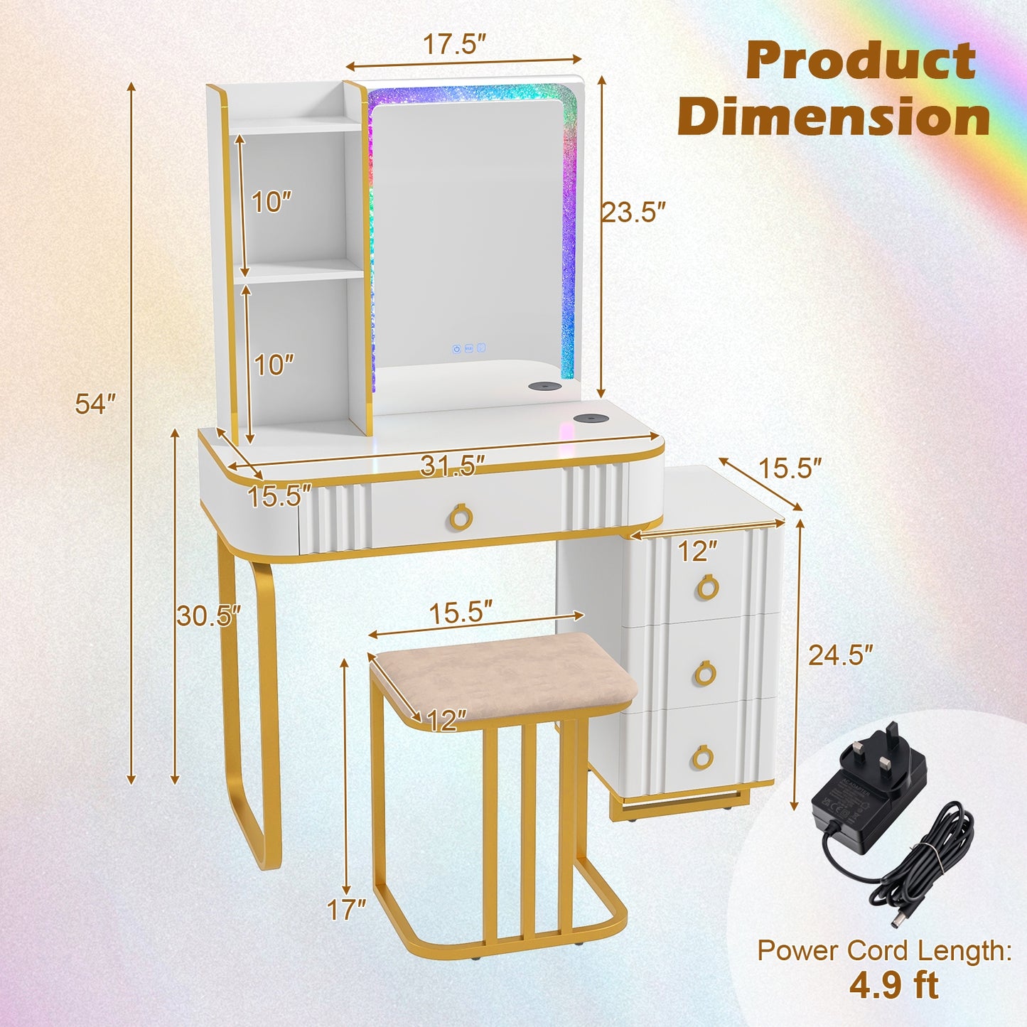 Vanity Table Set with RGB LED Lights and Wireless Charging Station-White