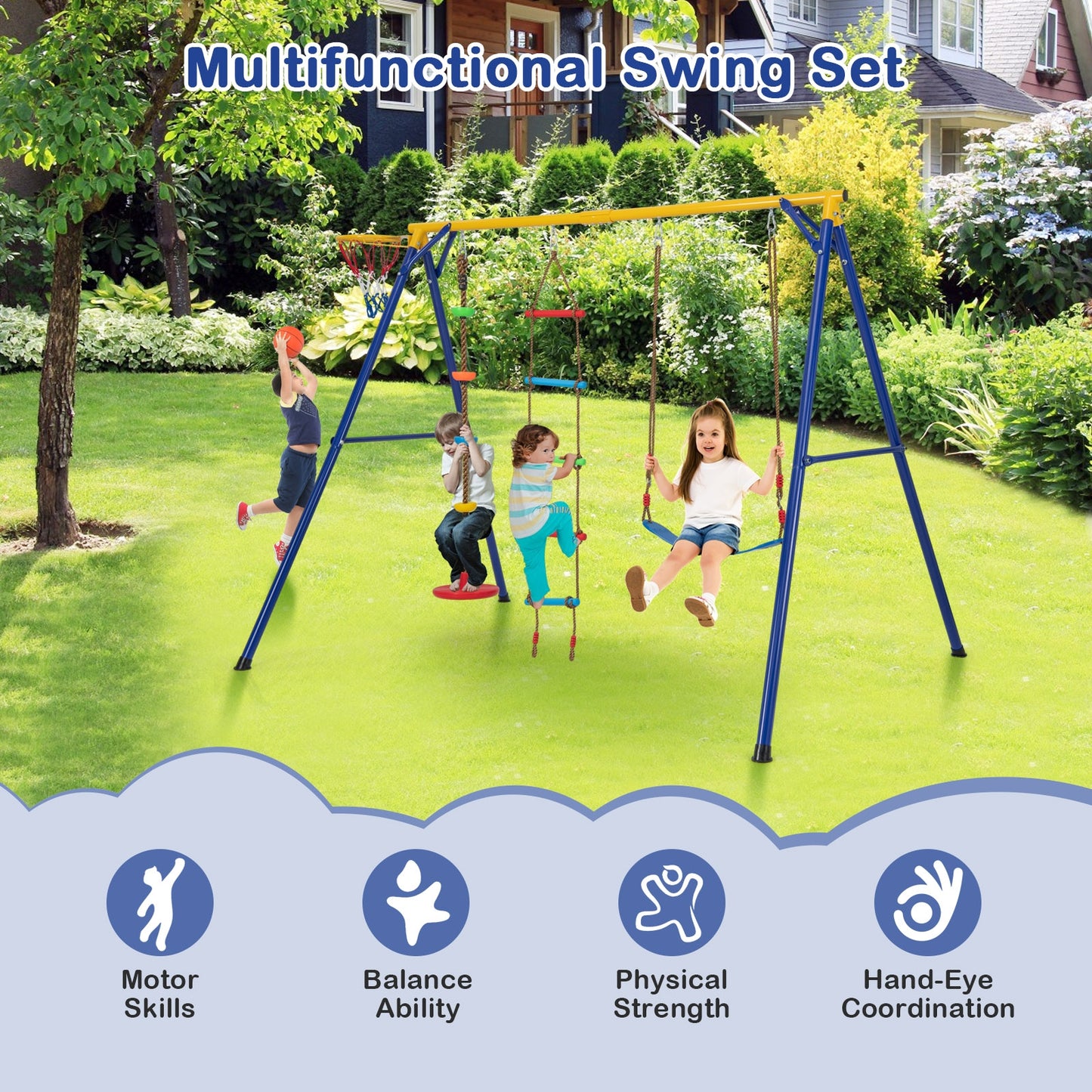 4-in-1 660 lbs Heavy Duty Swing Set for Kids Aged 3-9 Years Old-Yellow
