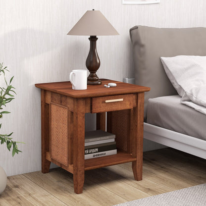 Rattan Nightstand End Table with Drawer and Storage Shelf-Walnut