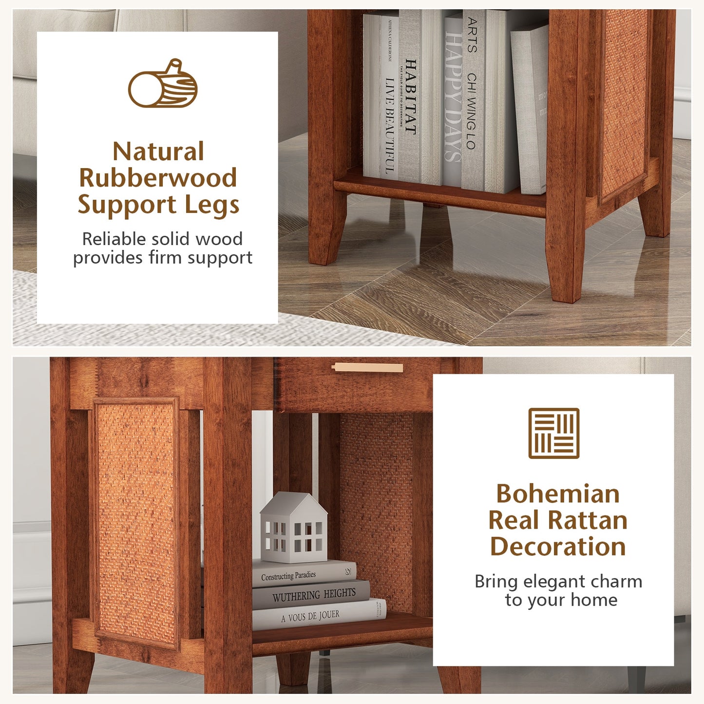 Rattan Nightstand End Table with Drawer and Storage Shelf-Walnut