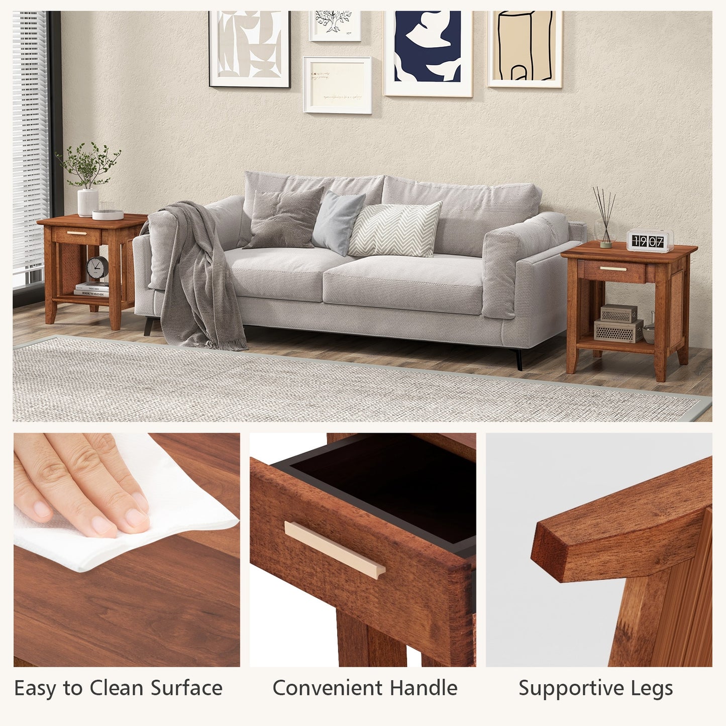 Rattan Nightstand End Table with Drawer and Storage Shelf-Walnut