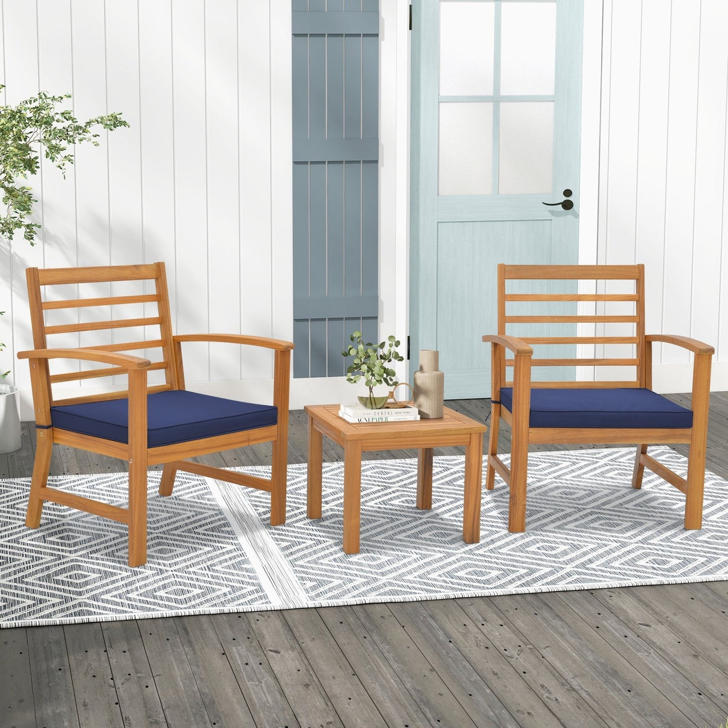 3 Pieces Outdoor Furniture Set with Soft Seat Cushions-Navy