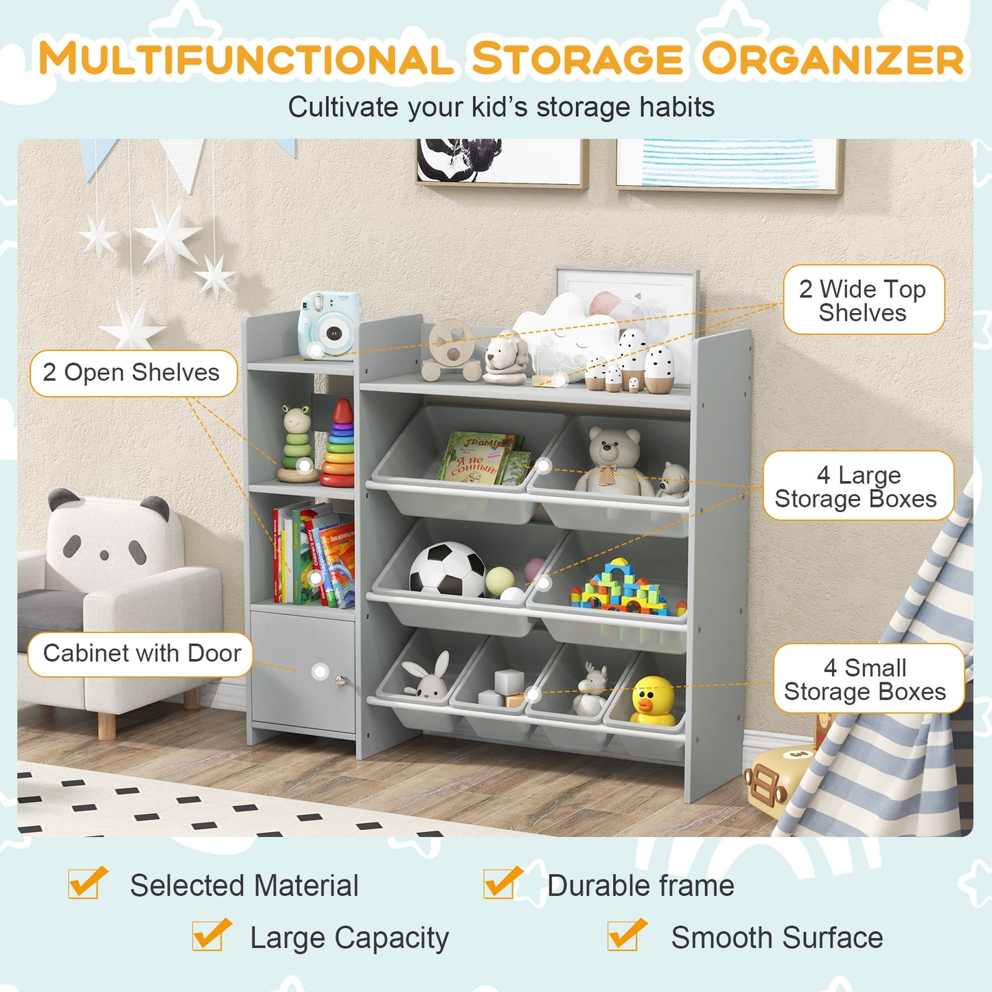 4-Tier Kids Bookshelf and Toy Storage Rack with 8 Toy Organizer Bins-Grey