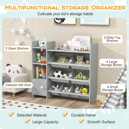 4-Tier Kids Bookshelf and Toy Storage Rack with 8 Toy Organizer Bins-Grey