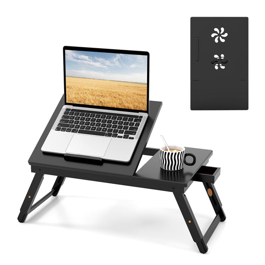 Adjustable Bamboo Laptop Desk with Tilting Top and Drawer-Brown