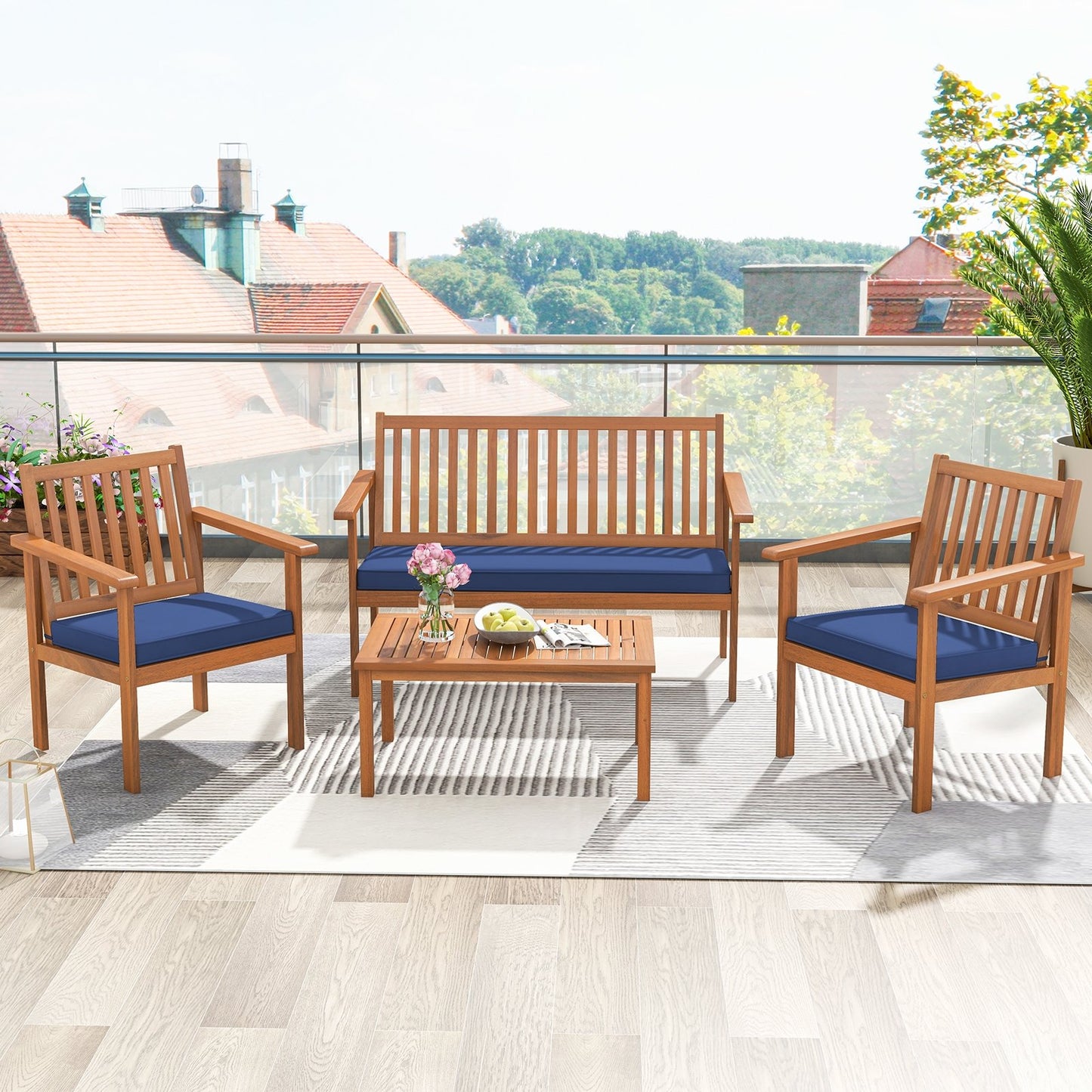 4 Piece Patio Wood Furniture Set Acacia Wood Sofa Set with Loveseat-Navy