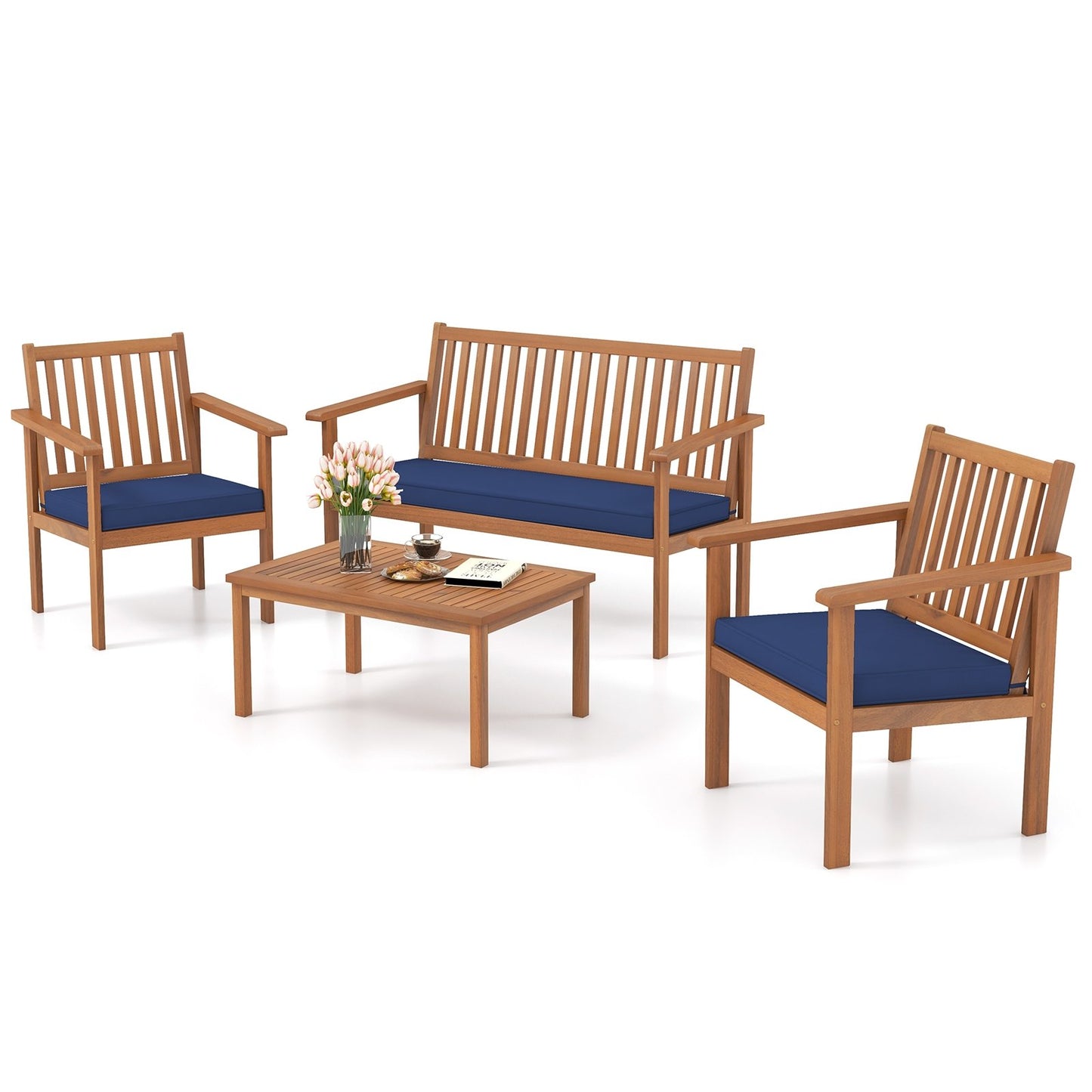 4 Piece Patio Wood Furniture Set Acacia Wood Sofa Set with Loveseat-Gray
