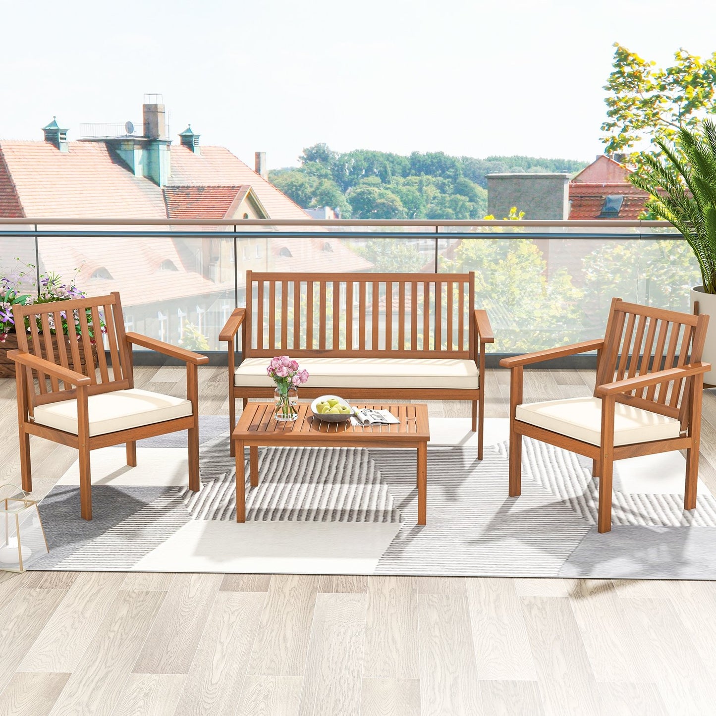 4 Piece Patio Wood Furniture Set Acacia Wood Sofa Set with Loveseat-Gray