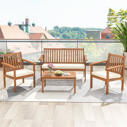 4 Piece Patio Wood Furniture Set Acacia Wood Sofa Set with Loveseat-Gray
