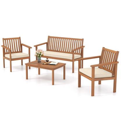 4 Piece Patio Wood Furniture Set Acacia Wood Sofa Set with Loveseat-Gray