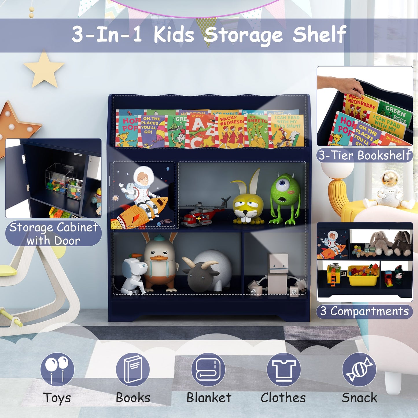 Kids Toy Storage Organizer with Book Shelf and Storage Cabinet-Navy