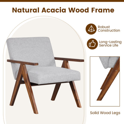 Modern Accent Chair Linen Fabric Armchair with Solid Acacia Wood Frame-Gray