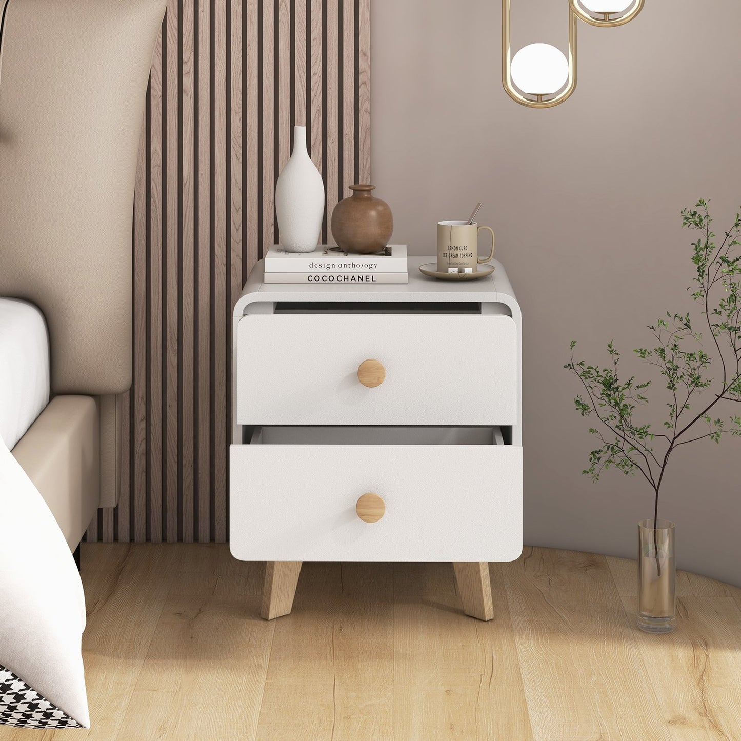 Nightstand with 2 Drawers Solid Rubber Wood Legs-Brown