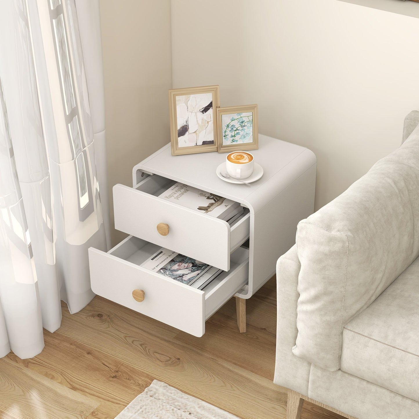 Nightstand with 2 Drawers Solid Rubber Wood Legs-Brown
