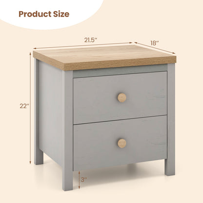 2-Drawer Nightstand with Rubber Wood Legs-Gray