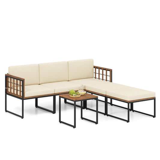 6 Pieces Acacia Wood Patio Furniture Set with Coffee Table and Ottomans-Beige