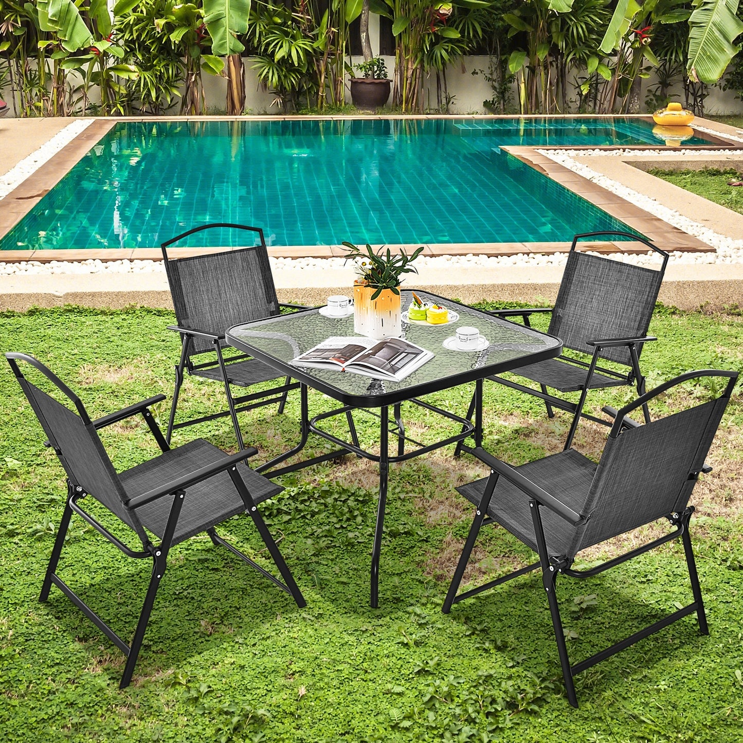 34 Inch Outdoor Dining Table Square Tempered Glass Table with 1.5 Inch Umbrella Hole-Black