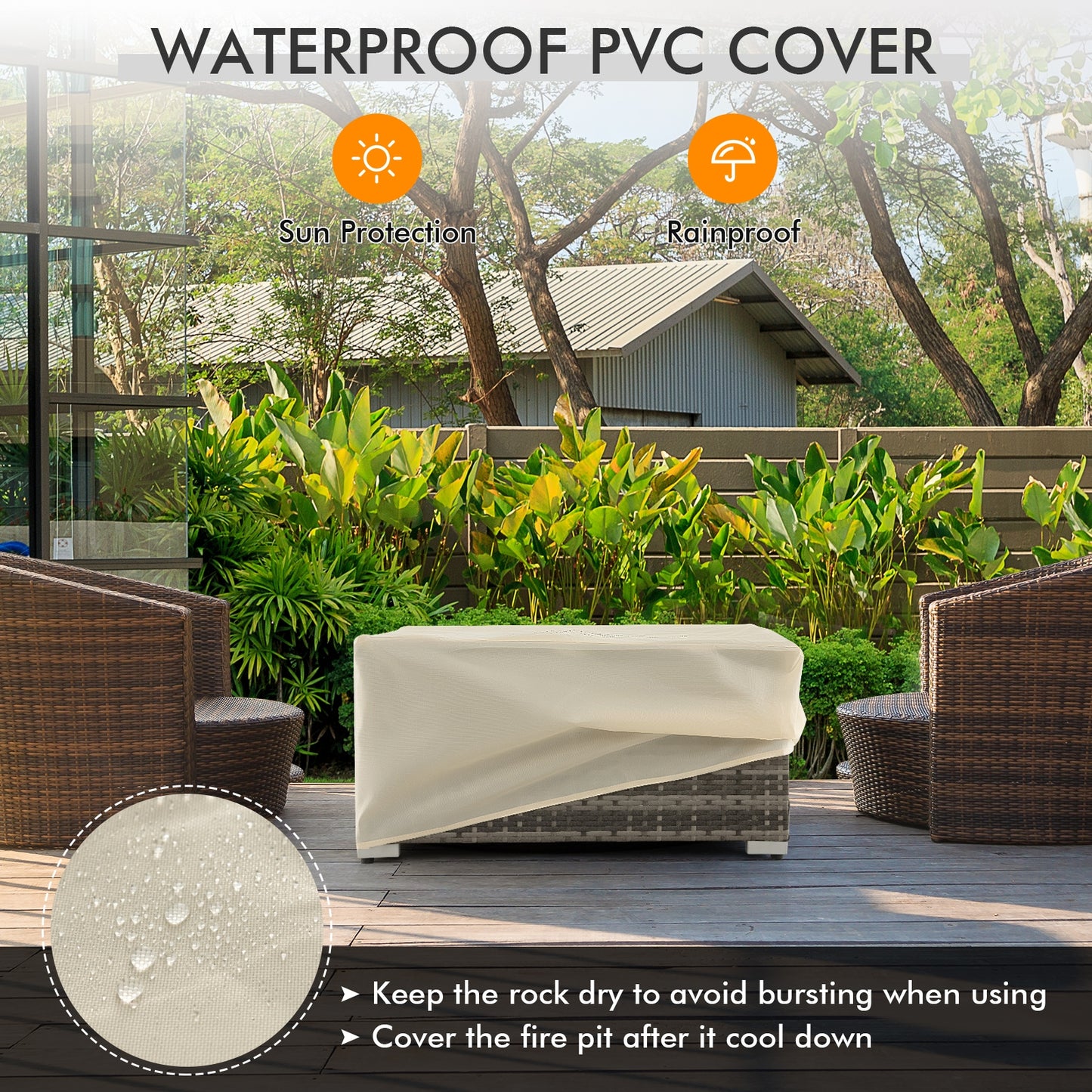 32 x 20 Inch Propane Rattan Fire Pit Table Set with Side Table Tank and Cover-Gray