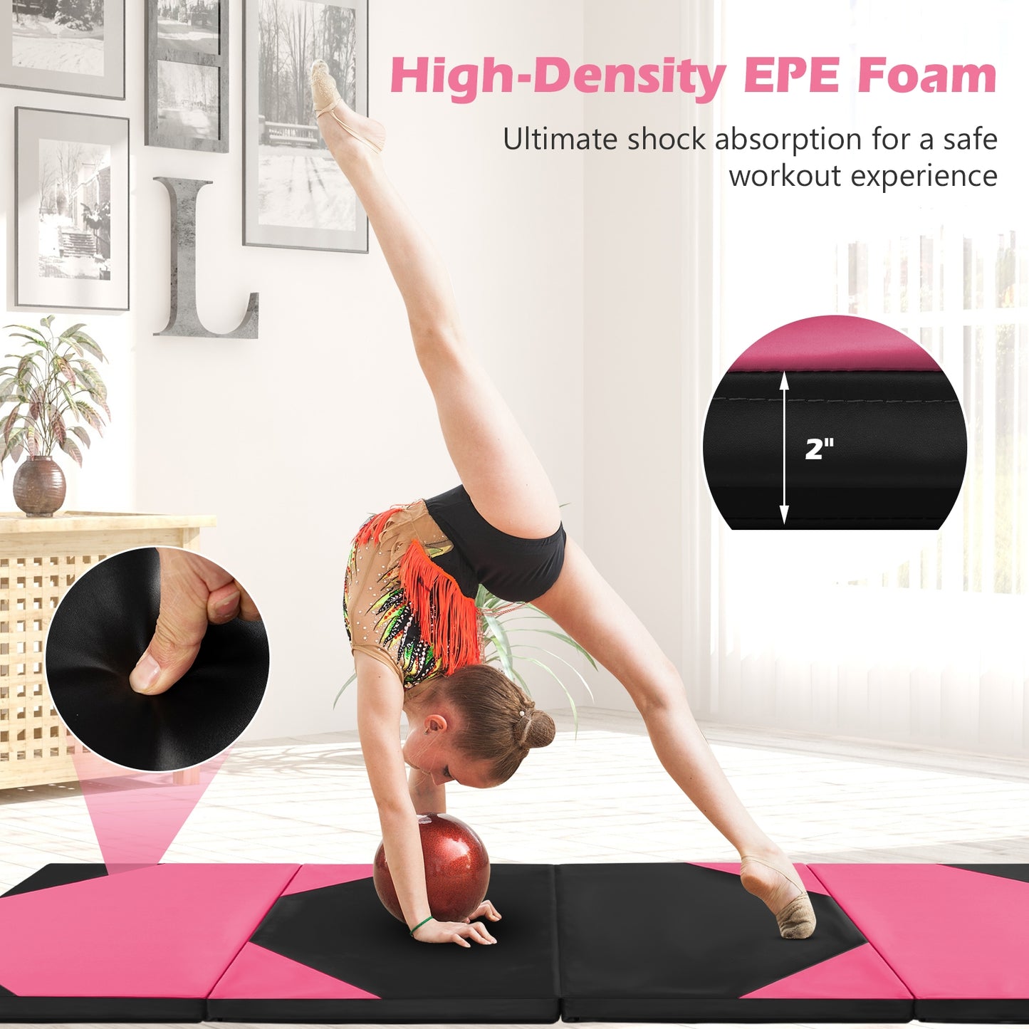 10' x 4' x 2" Folding Exercise Mat with Hook and Loop Fasteners-Black & Pink