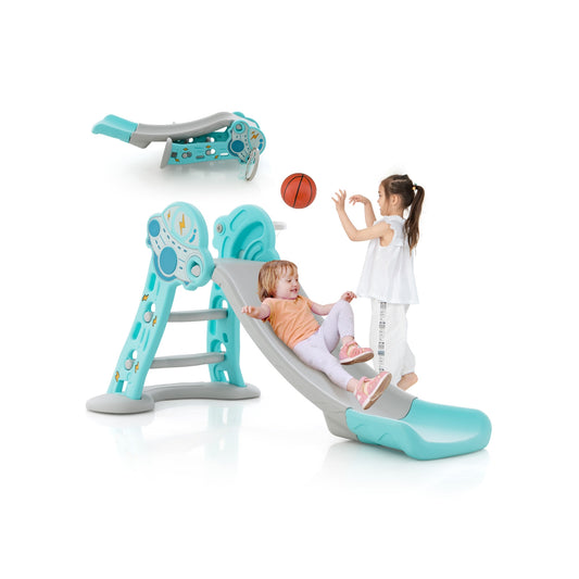 3-in-1 Folding Slide Playset with Basketball Hoop and Small Basketball-Blue