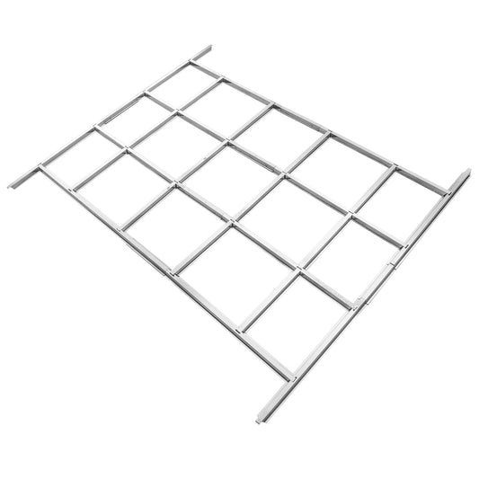 Rust-resistant steel floor base foundation kit for outdoor storage sheds, shown with components and assembled for stability.
