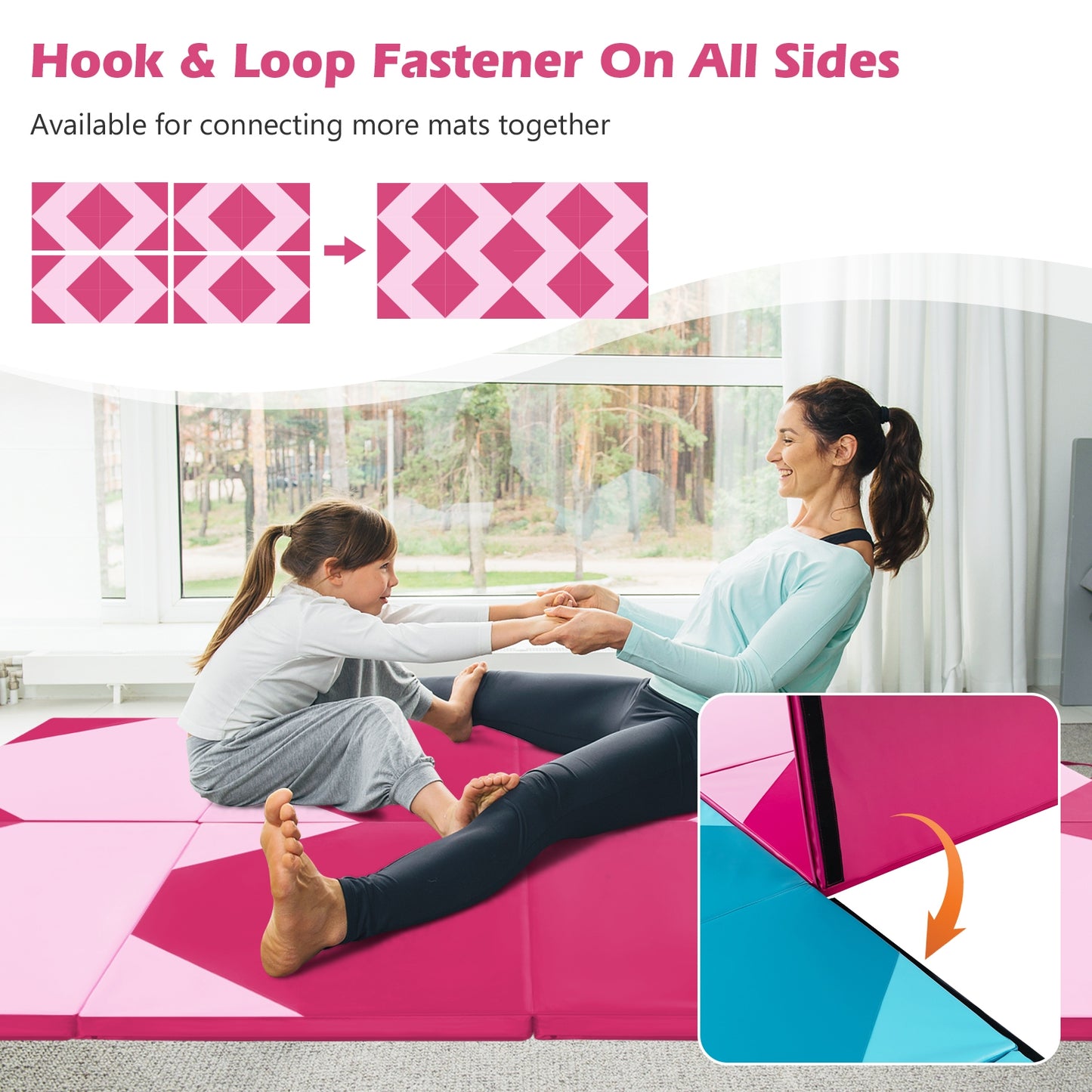 10' x 4' x 2" Folding Exercise Mat with Hook and Loop Fasteners-Hot Pink