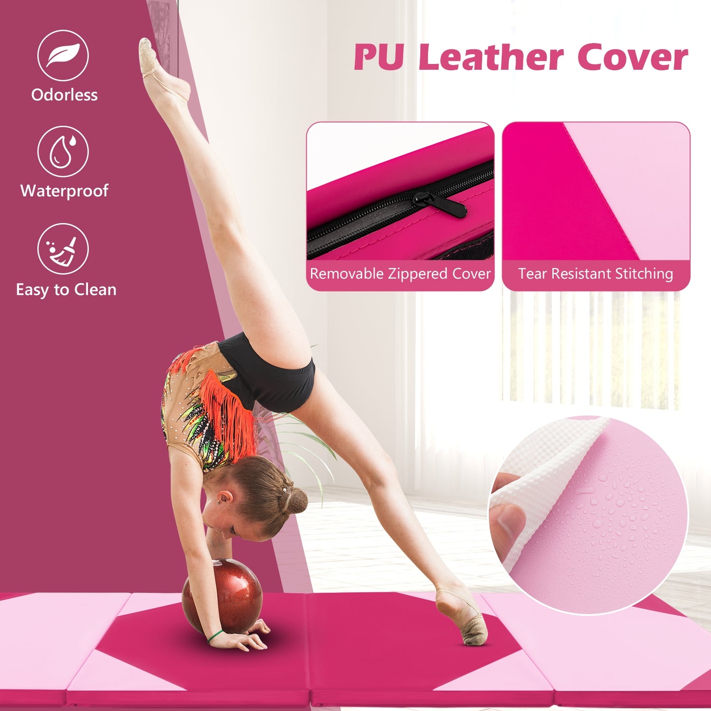 10' x 4' x 2" Folding Exercise Mat with Hook and Loop Fasteners-Hot Pink