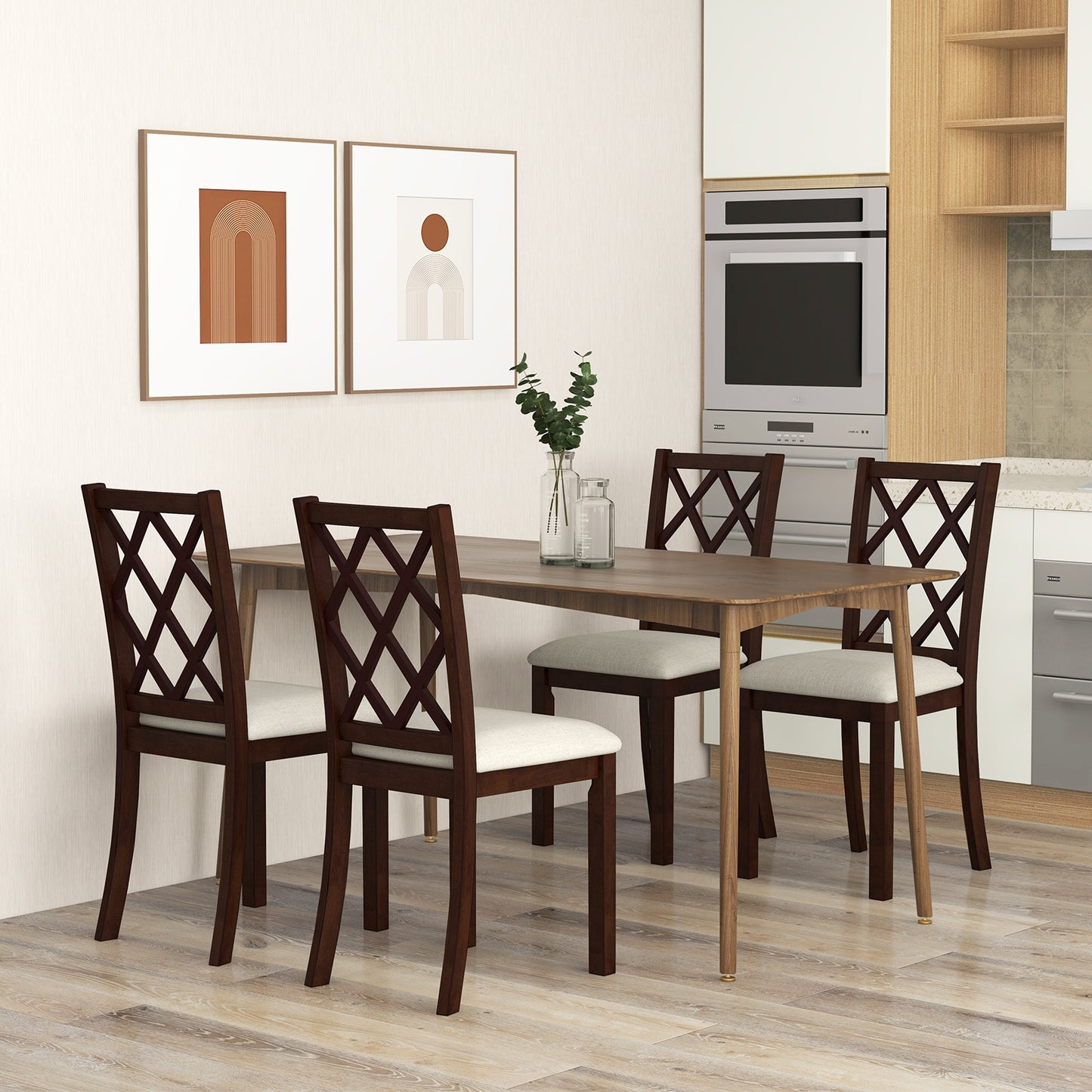 Dining Chair Set of 2 Wood Kitchen Chairs with Upholstered Seat Cushion and Rubber Wood Legs-Brown