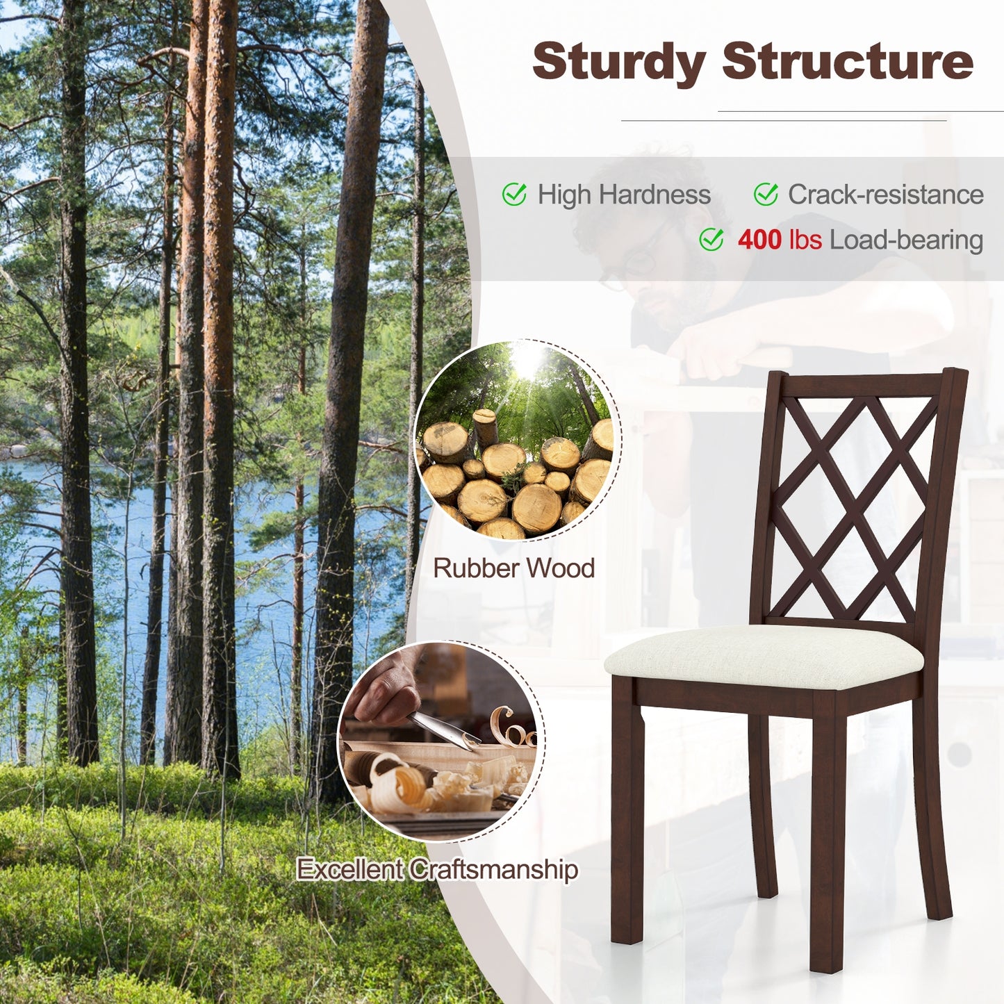 Dining Chair Set of 2 Wood Kitchen Chairs with Upholstered Seat Cushion and Rubber Wood Legs-Brown