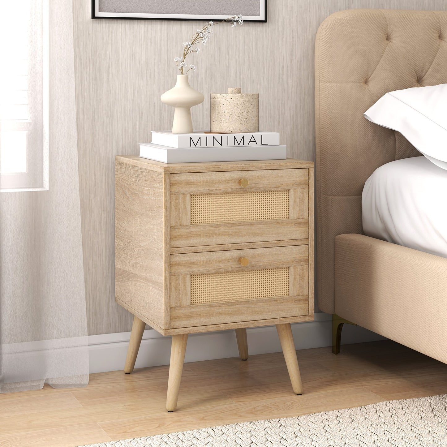 Rattan Nightstand Boho Accent Bedside Table with 2 Storage Drawers-Natural