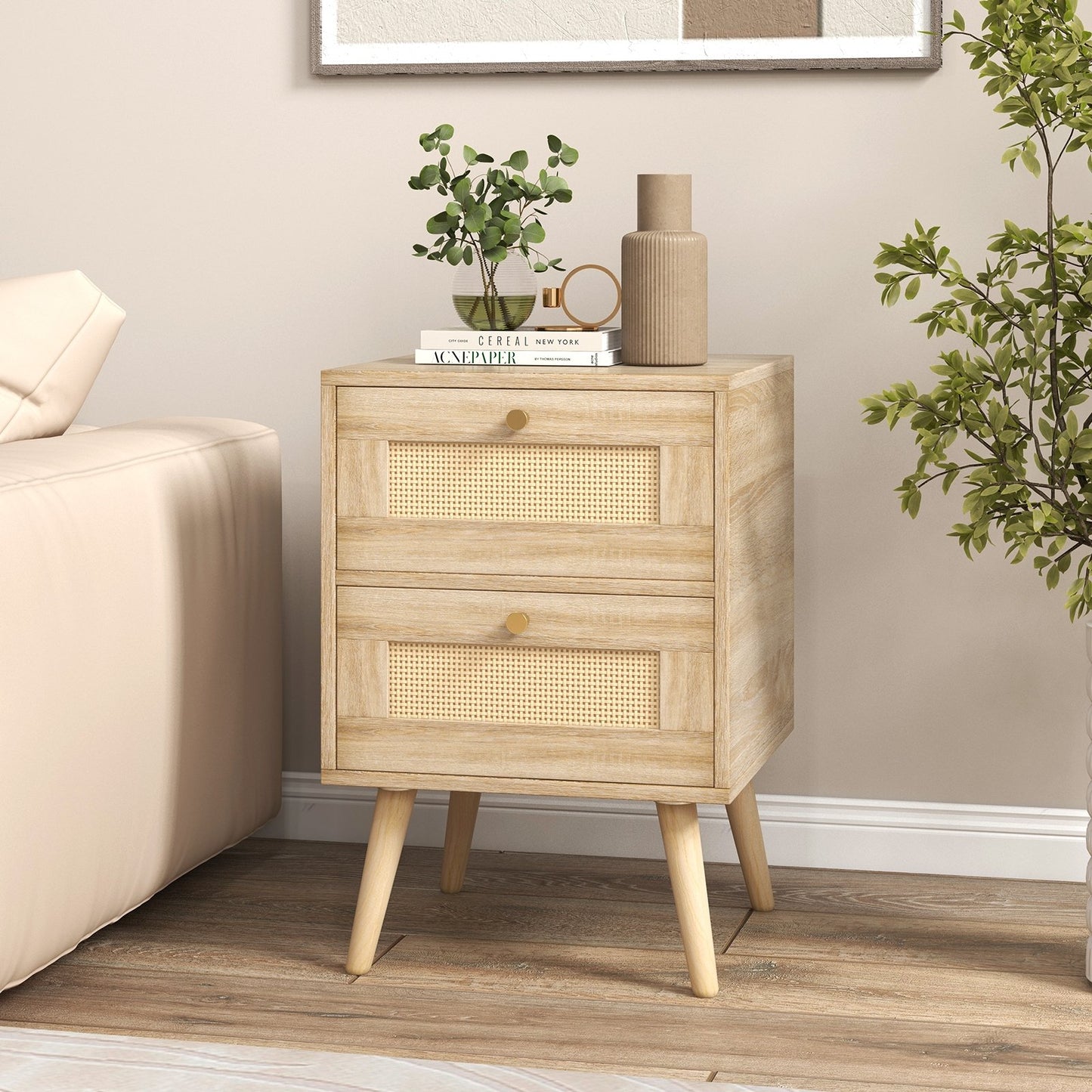 Rattan Nightstand Boho Accent Bedside Table with 2 Storage Drawers-Natural