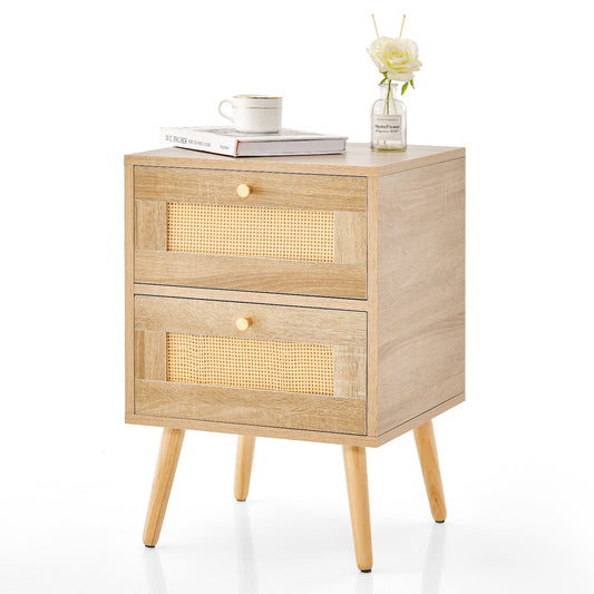 Rattan Nightstand Boho Accent Bedside Table with 2 Storage Drawers-Natural