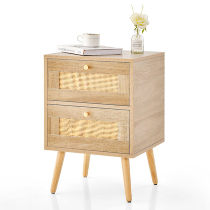 Rattan Nightstand Boho Accent Bedside Table with 2 Storage Drawers-Natural