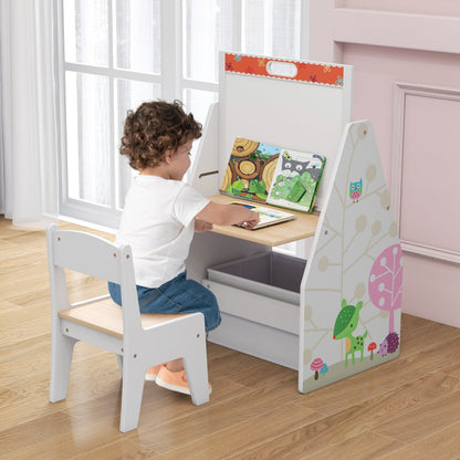 3 in 1 Kids Easel and Play Station Convertible with Chair and Storage Bins-Gray