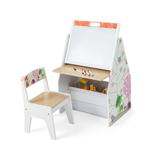 3 in 1 Kids Easel and Play Station Convertible with Chair and Storage Bins-White