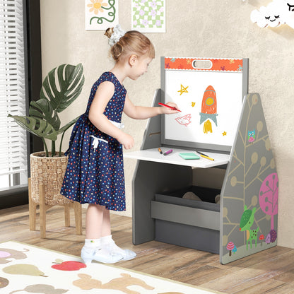 3 in 1 Kids Easel and Play Station Convertible with Chair and Storage Bins-Gray