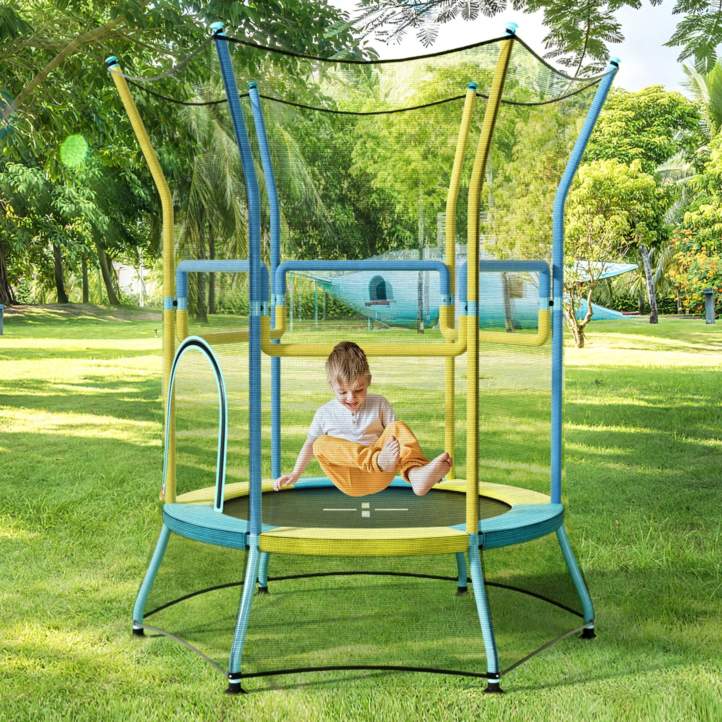 Mini Trampoline for Kids with Safety Enclosure Net and Foam Handles-Yellow