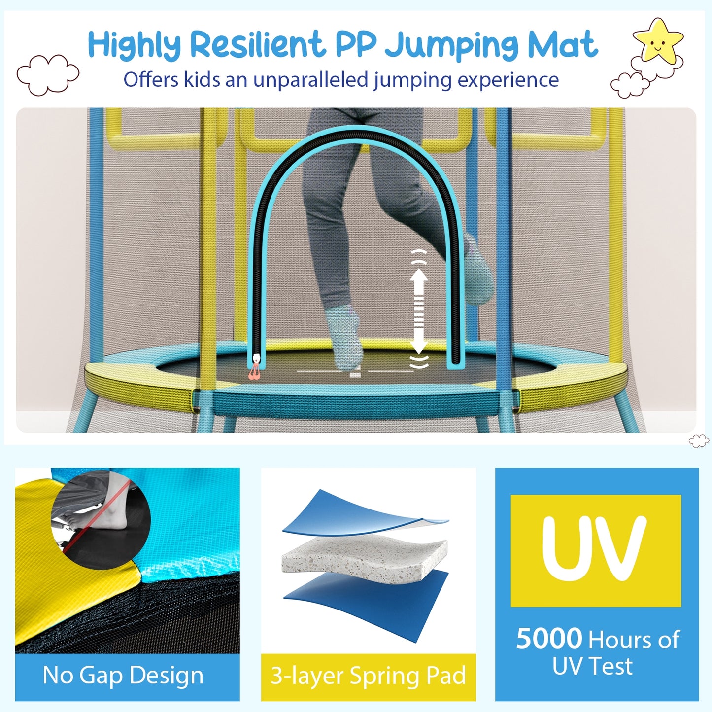 Mini Trampoline for Kids with Safety Enclosure Net and Foam Handles-Yellow