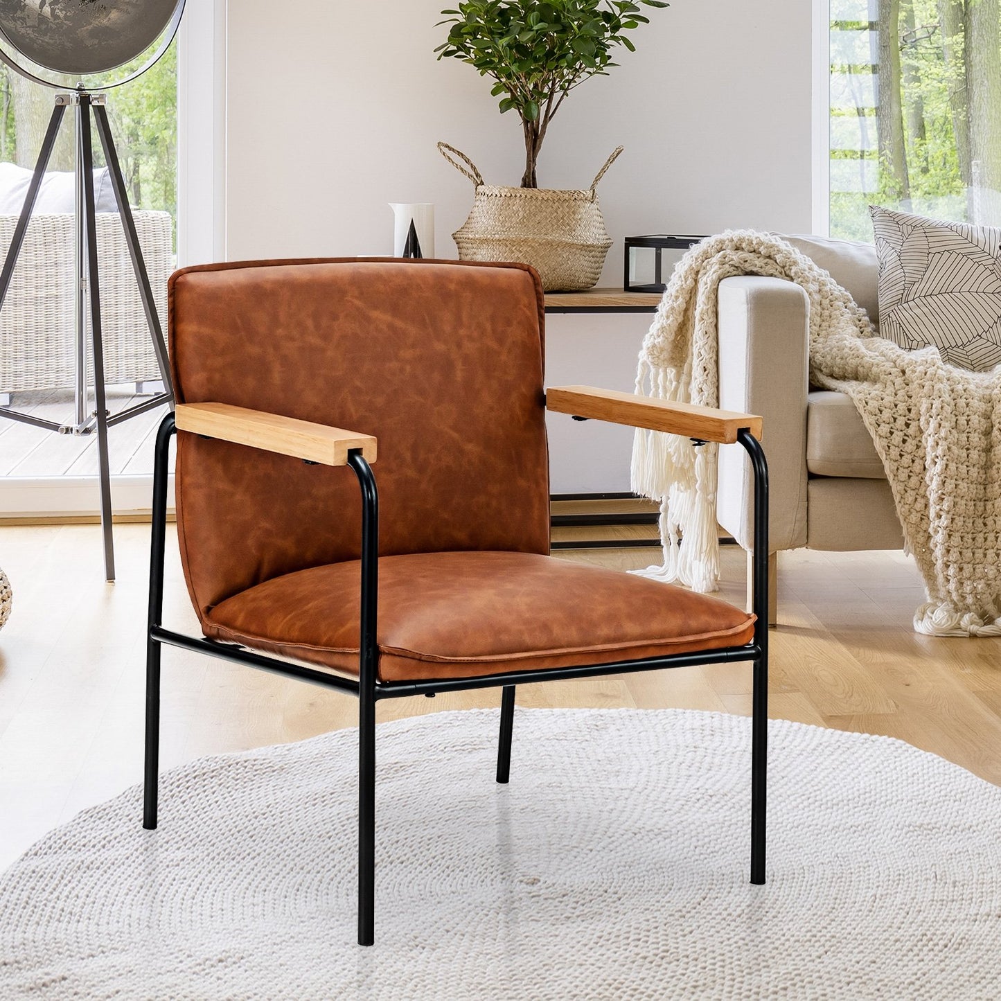 Brown PU leather accent chair with rubber wood armrests, stylish living room furniture by Wilsons Home Store.