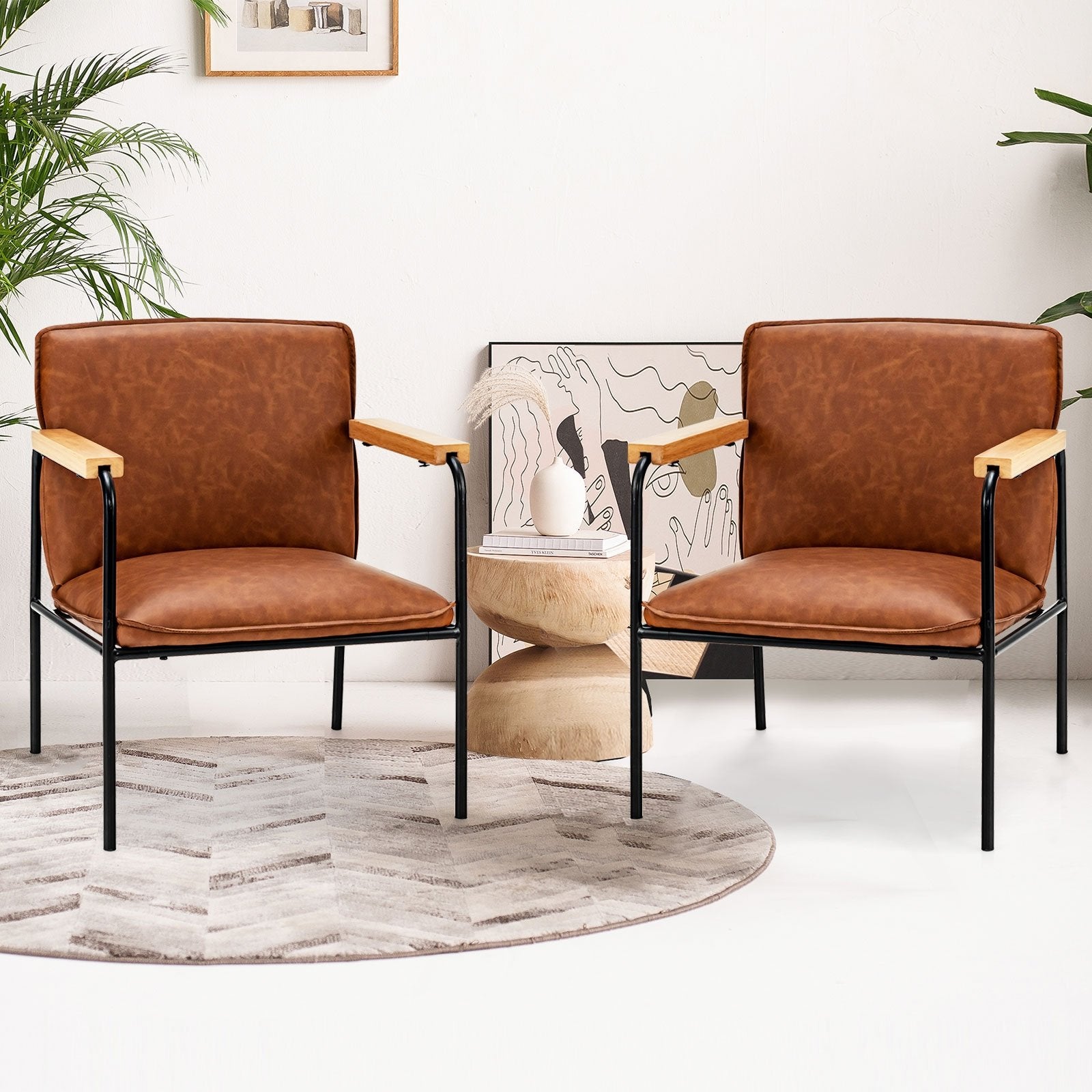 Brown PU leather accent chair with rubber wood armrests, modern living room furniture by Wilsons Home Store.