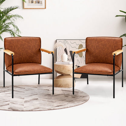 Brown PU leather accent chair with rubber wood armrests, modern living room furniture by Wilsons Home Store.
