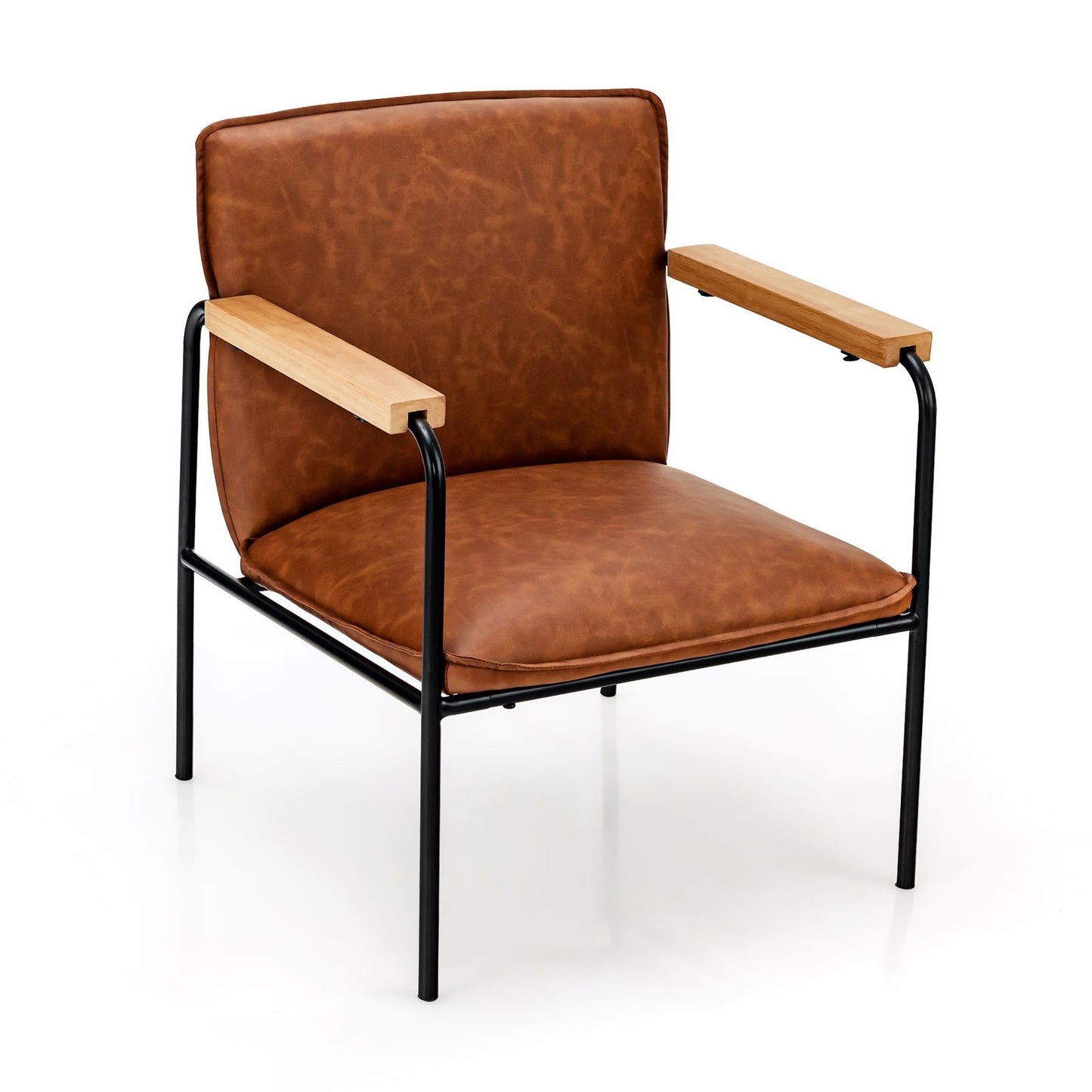 Brown PU leather accent chair with rubber wood armrests, stylish living room furniture by Wilsons Home Store.